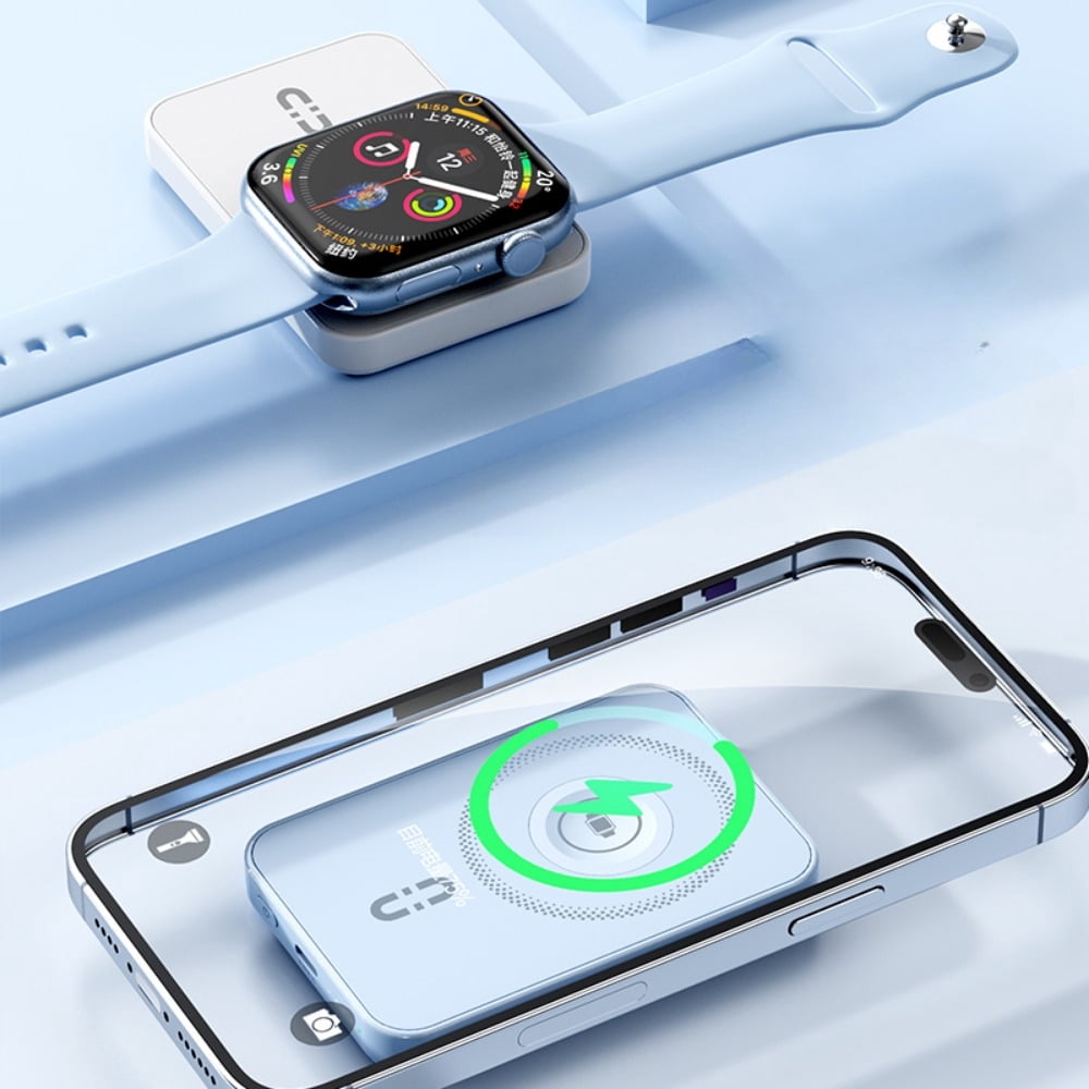 A 2-In-1 Portable Charger with a 10000Mah Capacity, Designed for Both for iphone And for apple Watch. It Features Magnetic Wireless Charging with 20W PD Fast Charging Through USB-C