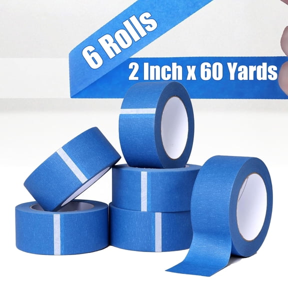 FungLam 6 Rolls Blue Painters Masking Tape 2 Inch x 60 Yards 5.5 Mil, Masking Tape 2 inch wide, Multi-Surface Adhesion, Indoor & Outdoor Use for DIY, Labeling, Art, Car Walls Painting