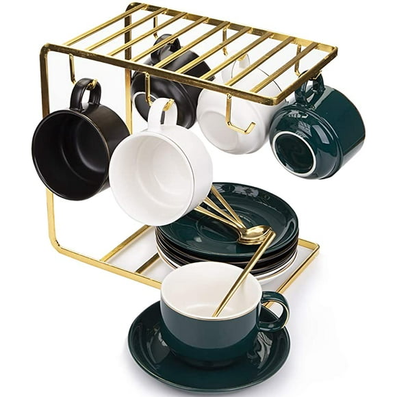Yesland Porcelain Espresso Cups with Saucers and Metal Stand, Set of 6, 8 oz Ounce Royal Tea Cups/Cappuccino Cups with Gold Trim and Gift Box for Tea Party(White, Green & Black)