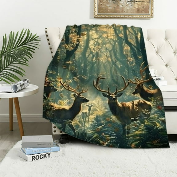 BCIIG Deer Kids Throw Blanket,Jungle Botanical Plants Rustic Bed Blanket for Boys Girls,Wild Animal Hunting Adventure Farmhouse Fleece Blanket,Green Brown Fuzzy Blanket,Baby Size   40x50in