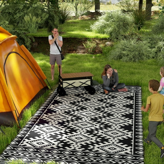 Outsunny Outdoor Patio Rug, Large Camping Carpet with Carrying Bag, 9' x 18' Waterproof Plastic Straw, Reversible, Black & White Rhombus Border