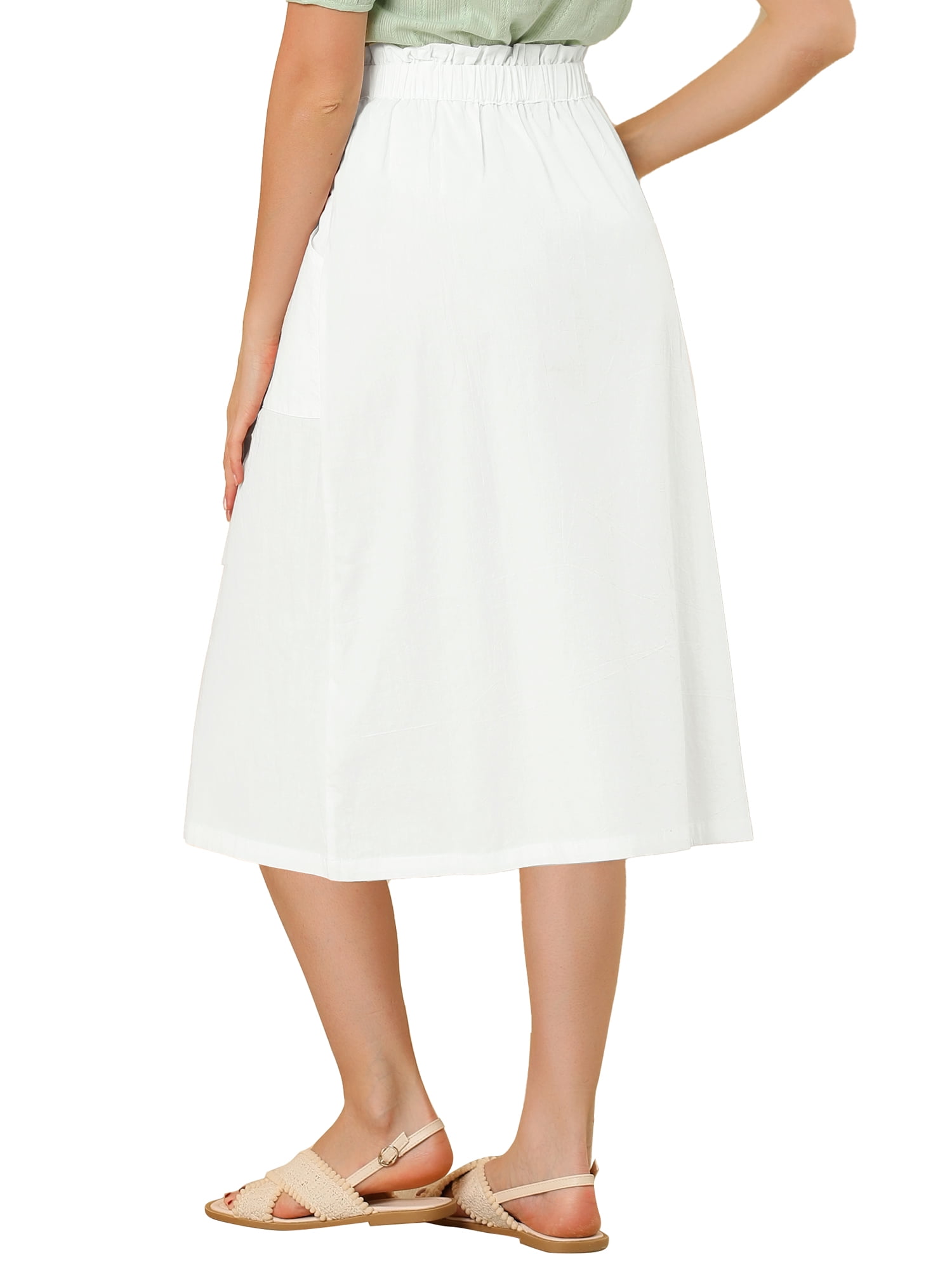 DARING DIVA Women's Cotton A-Line Midi Skirt with Pockets S White
