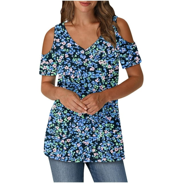 yoeyez T-Shirts à Manches Courtes pour Femmes Épaules Dénudées Col Rond Hauts Décontractés Mode Blouse à Imprimé Floral Hauts et Blouses pour Femmes Offres à Durée Limitée Bleu m