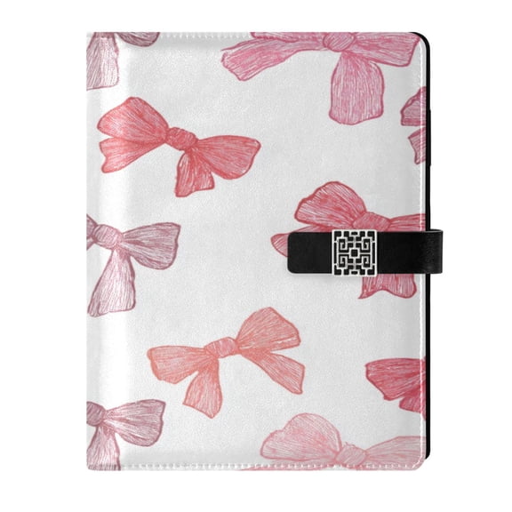 9.2x6.7 inch Leather Notebook 100 Sheets, Multi-Pocket Design & Pen Loop Pink Bows Pattern Refillable Journal Organizer