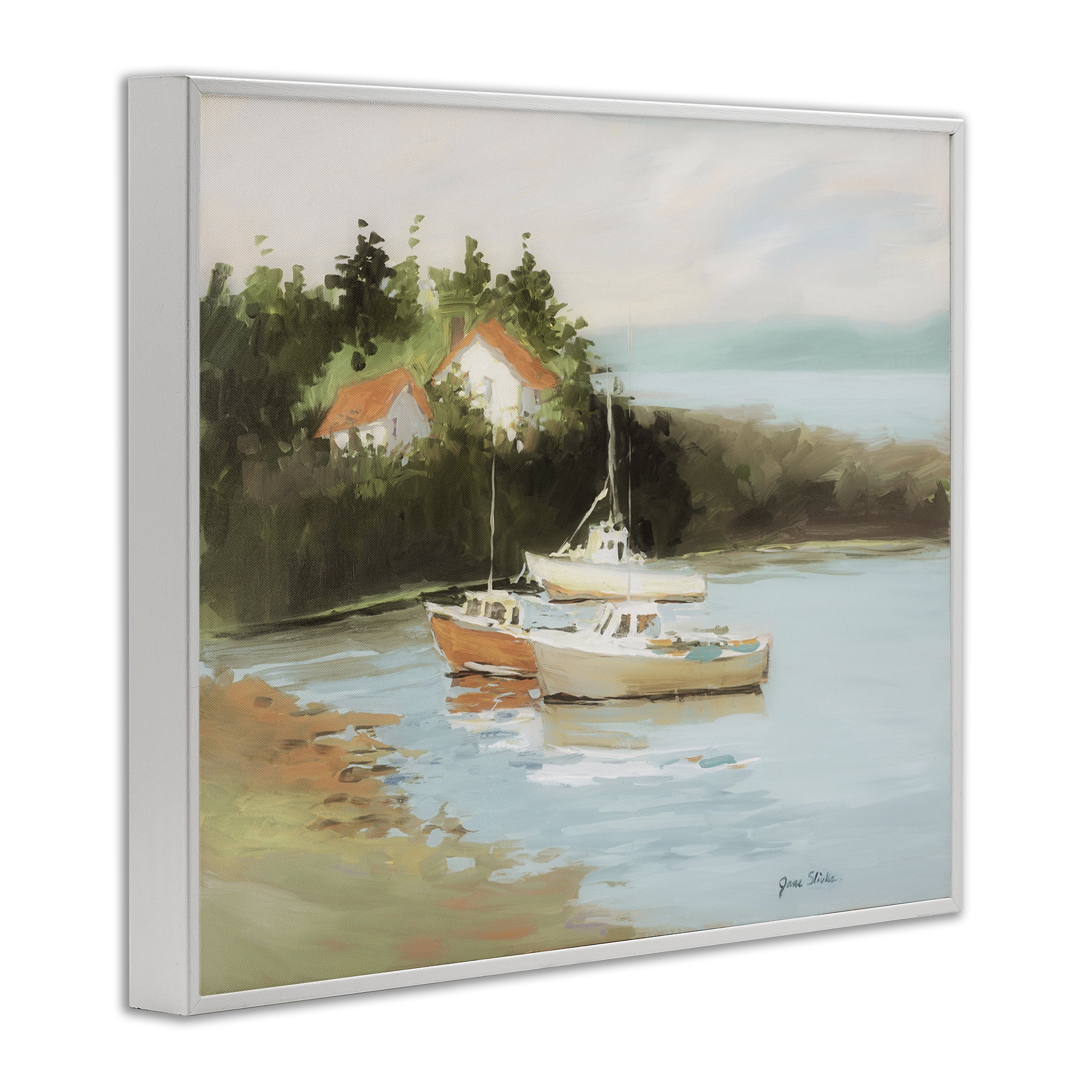 Stupell Industries Calm Boat Harbor Coastal Painting White Framed Art Print Wall Art, 14 x 11