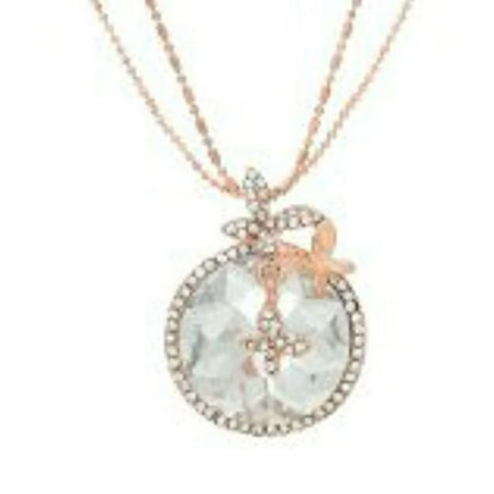 Gold Clear Rhinestone Necklace - Rose Gold Tone Ball Chain Necklace Round Pendant Butterfly w/ Clear Rhinestones and Lobster Clasp