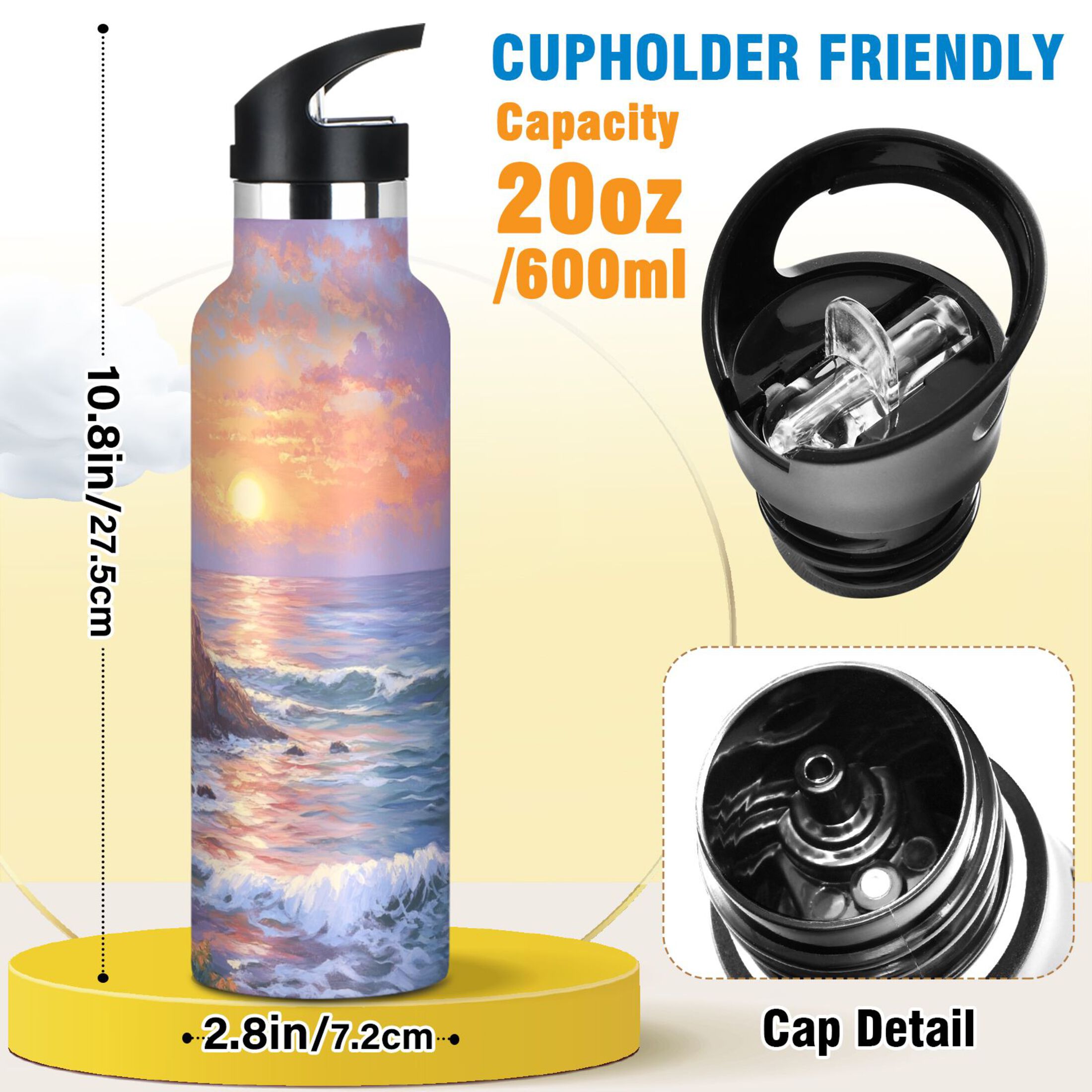 600ML Stainless Steel Insulated Cup Sports Water Bottle Portable Thermos Cup Water Glasses Insulated Tumblers Convenient and Durable Super Beautiful Lighthouse