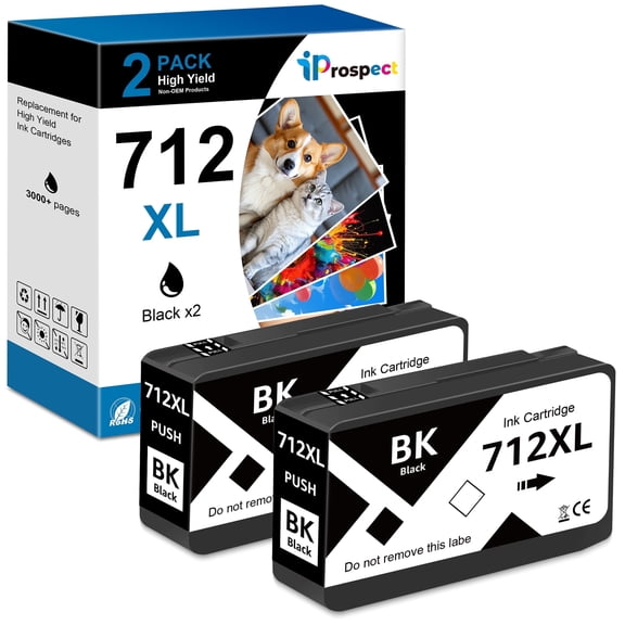 Compatible 712XL Ink Cartridges High Yield Replacement for HP 712 712XL for HP DesignJet T650 T630 T230 T210 Studio Plotter Printer (2 Pack, Black 712XL)
