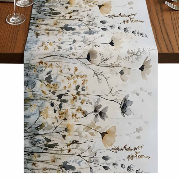 Watercolor Floral 108 Inch Table Runner, Spring Blooms Botanical Farmhouse Dresser Scarf Cotton & Linen Tablerunner for Dining/Kitchen Island/Holiday Party Décor 13" x 108"