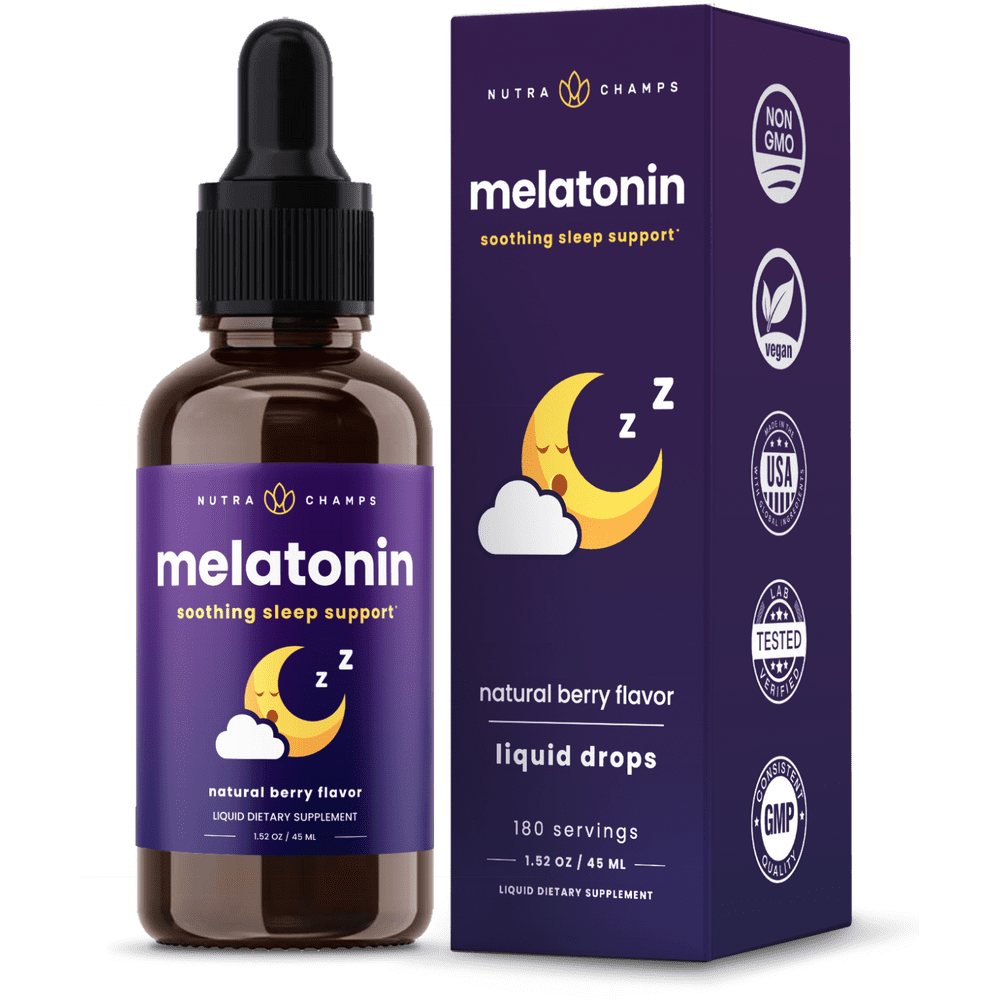NutraChamps Liquid Melatonin Drops | Melatonin for Kids & Adults | Sugar Free Melatonin Liquid Sleep Aid Supplement | Vegan & Non-GMO | Natural Berry Flavor | 1 mg Drops | 180 Servings
