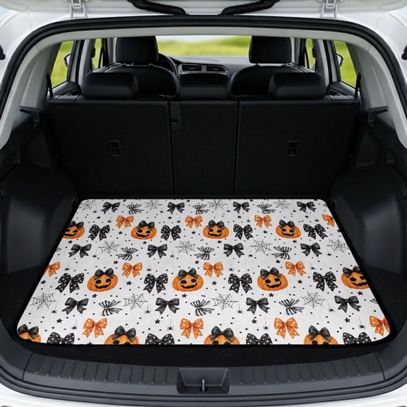 Jeiento Two Tone Pumpkin Spider Bow All Weather Trunk Cargo Liner Fits Truck SUV Van Fall Halloween Rear Cargo Mat Non Slip Heavy Duty