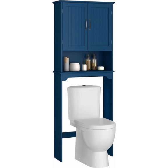 Over-the-Toilet Storage Cabinet with 2 Doors & Adjustable Shelf, Free-Standing Wooden Bathroom Rack, Space-Saving Design, Navy Blue, 24.5" L x 9" W x 66" H