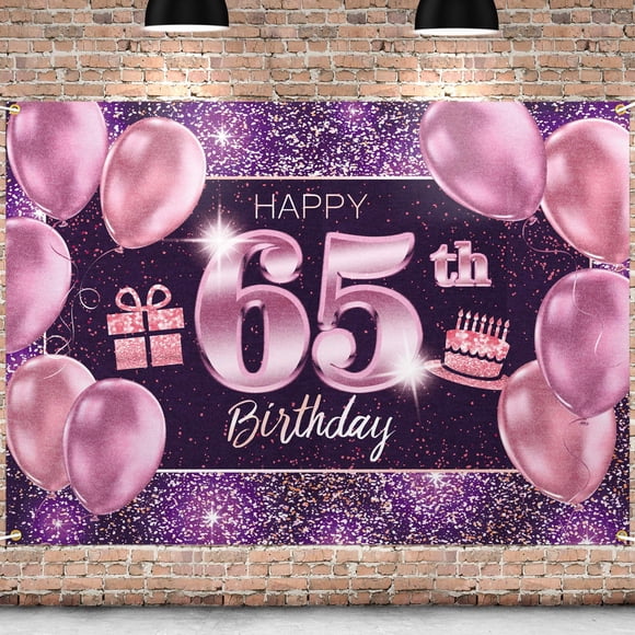PAKBOOM Happy 65th Birthday Banner telón de fondo – 65 suministros de decoración para fiesta de cumpleaños para mujeres – rosa púrpura dorado 4 x 6 pies
