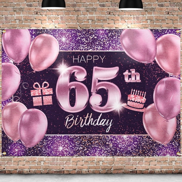 PAKBOOM Happy 65th Birthday Banner telón de fondo – 65 suministros de decoración para fiesta de cumpleaños para mujeres – rosa púrpura dorado 4 x 6 pies