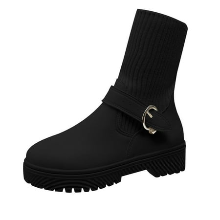 

hopeusnice Women s Buckle Ankle Boots Knitted Platform Winter Warm Booties Chunky Heels Short Boots Fashion Comfortable Shoes Black 37