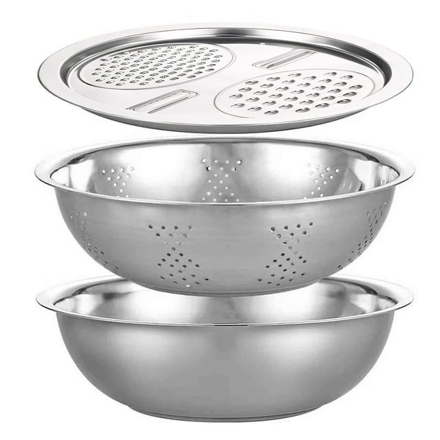 Aparatos de cocina, lavabo multifuncional de acero inoxidable - Nuevo juego de tres piezas: colador, rotador de ensaladas, filtro para lavar arroz y frutas y verduras, y cesta con alguicida.
