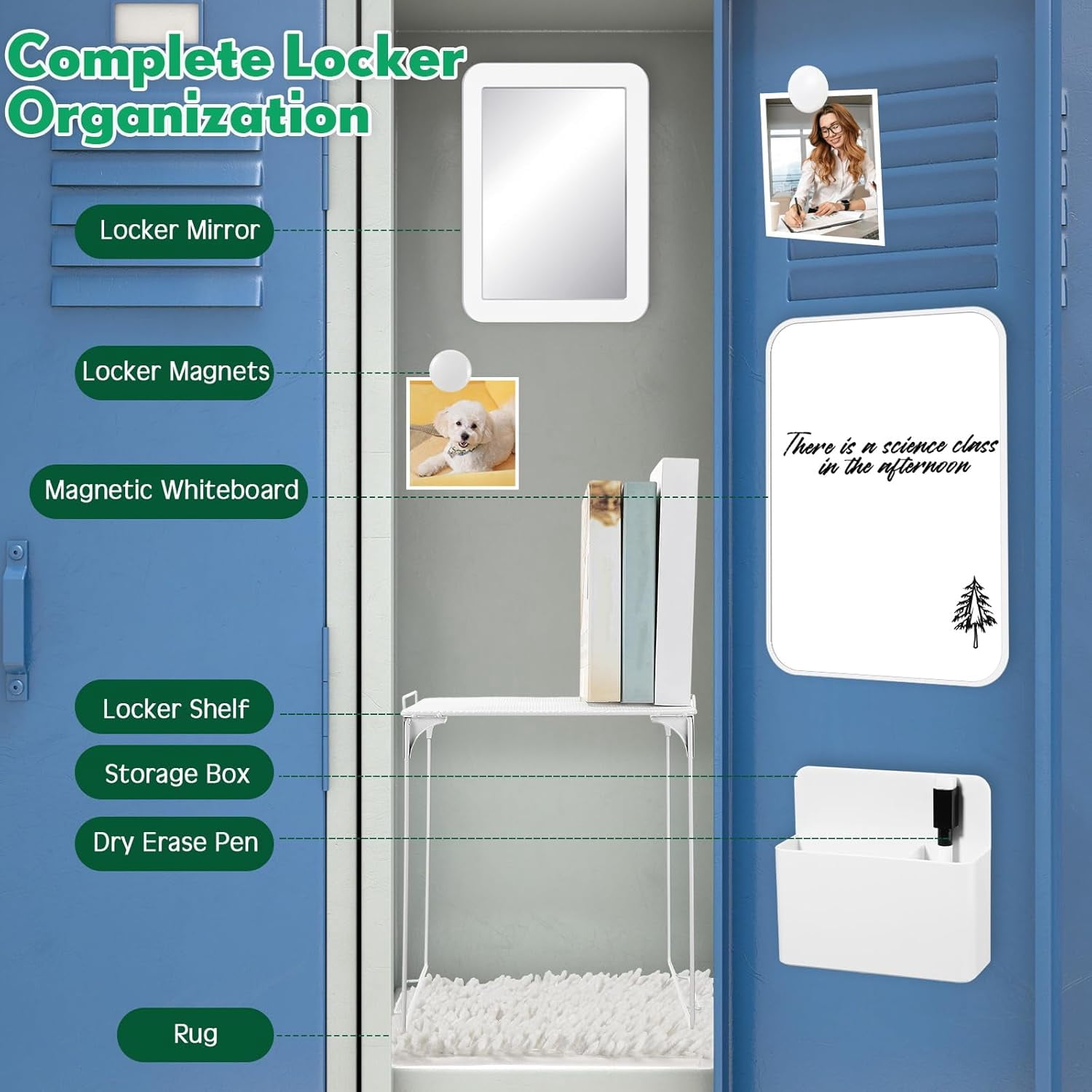 10 Pcs Locker Organizer Kit with Shelf Storage Box Whiteboard Mirror Magnetic Dry Erase Marker Magnets Rug Back to School Essentials