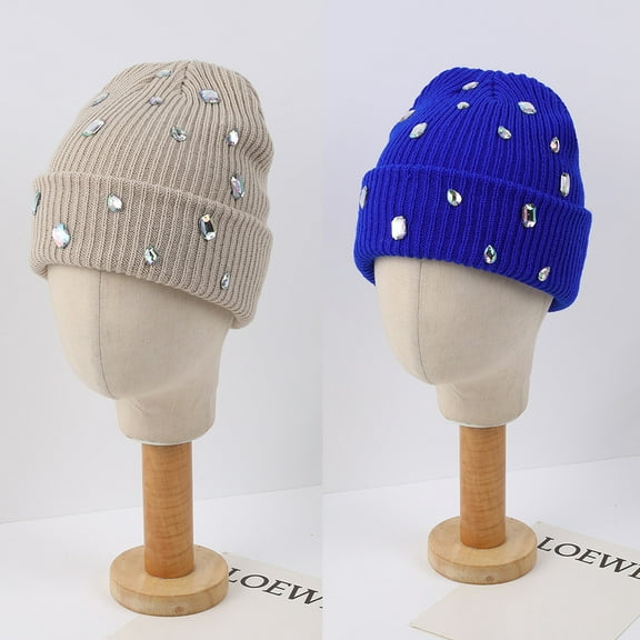 Bling Rhinestone Knit Beanie Hats for Women Girls Warm Fleece Lined Winter Hat Thick Cuffed Skull Cap 2Pcs