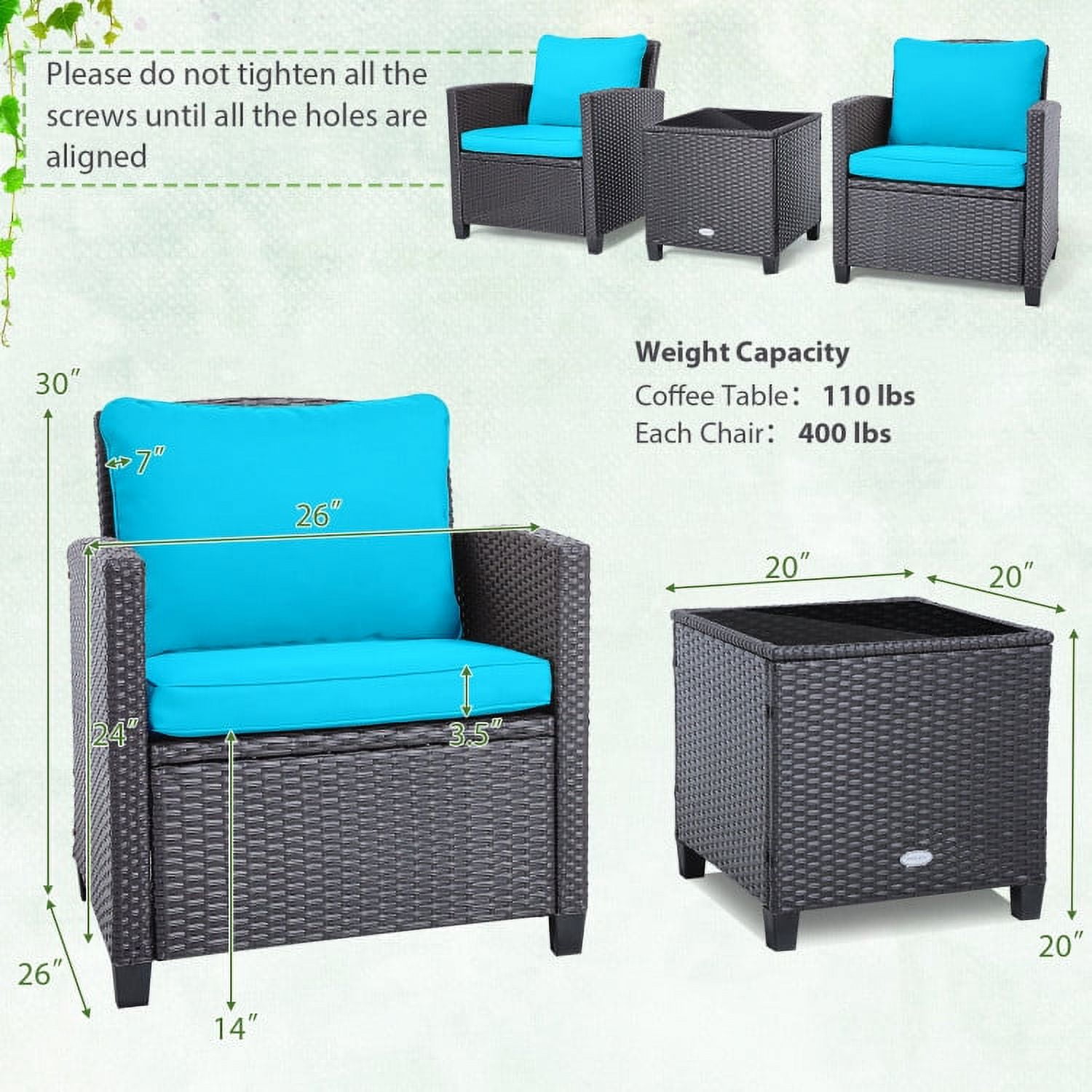 Aimee Lii 3 Pieces Wicker Patio Furniture Set, Coffee Table Cushioned Sofa, with Washable Cushion, Modern Patio Furniture, Turquoise Aimee Lii 3 Pieces Wicker Patio Furniture Set, Coffee Table Cushioned Sofa, with Washable Cushion, Modern Patio Furniture, Turquoise