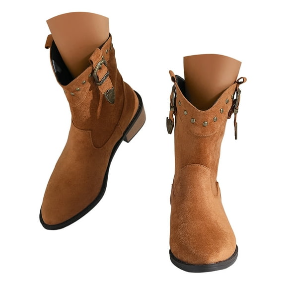 Mostsola Cowboy Boots for Women Retro Buckle Studded Western Booties Suede Cowgirl Short Boots