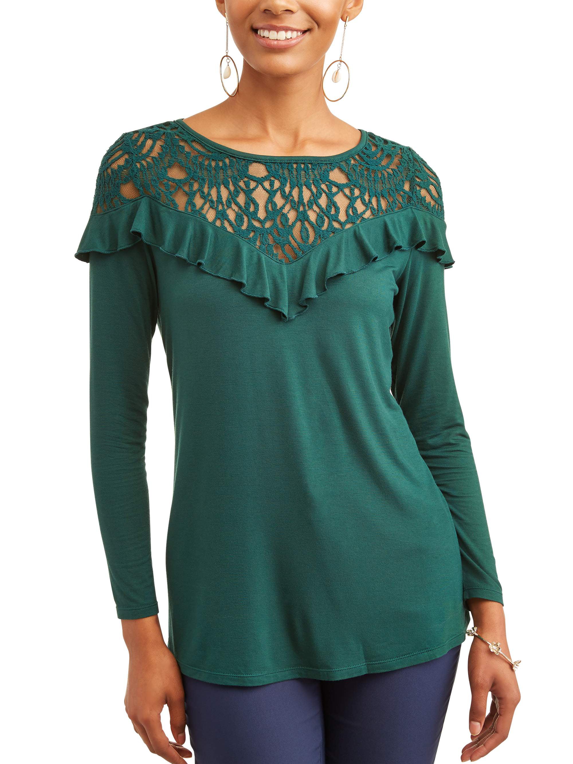 Women's Long Sleeve Ruffle Lace Top - Walmart.com