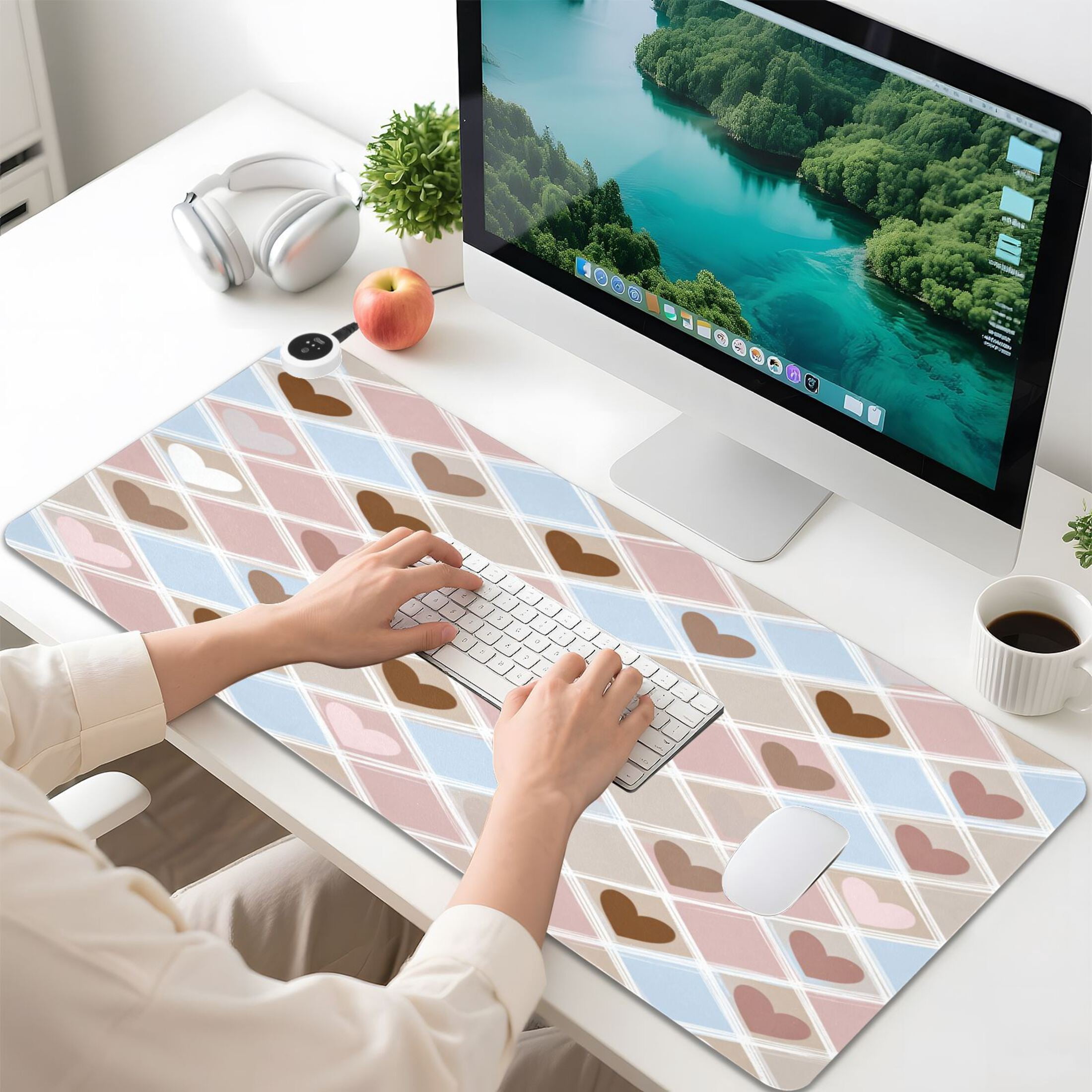 Large Heated Desk Mat Mouse Pad 31.5"x13"PU Leather Graphene Heating Desk Warmer with 3 Temperature Settings 110V US Plug Non-Slip Warm Pad for Home, Office, and Gaming Pastel Heart Argyle Pattern