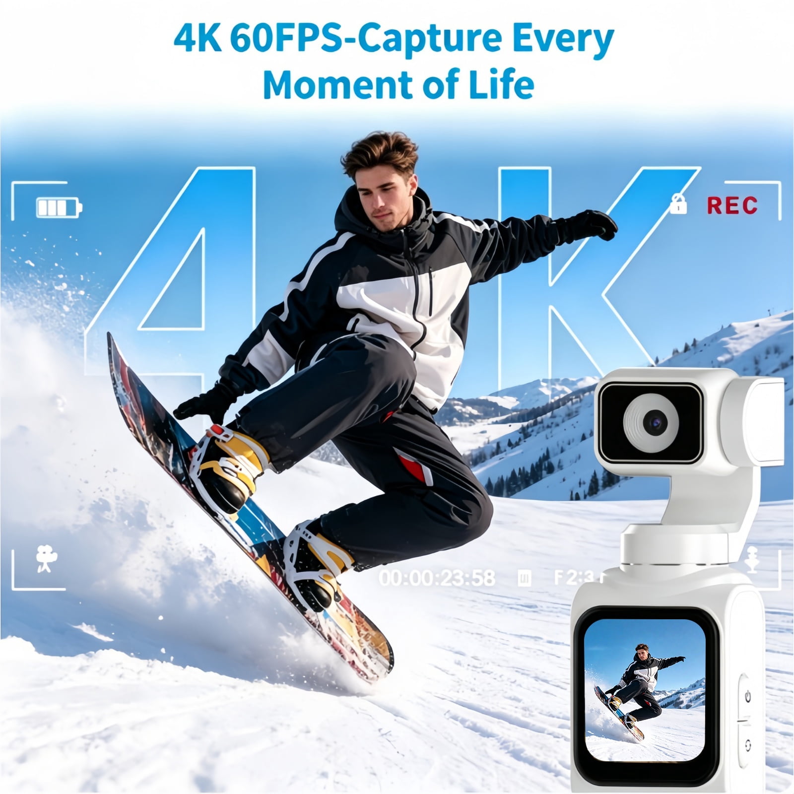 Ourlife 4K Pocket Gimbal Camera for Vlogging, 64MP Autofocus Camera with Face Tracking, Touchscreen, WiFi, 64GB Card, White