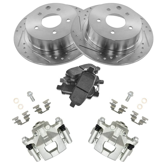 TRQ Rear Performance Brake Pad & Rotor Kit Brake Caliper Brake Pads Brake Rotors Set Ceramic Premium G-Coated Fits Select 2002-2022 Nissan Altima 2004-2006 Maxima