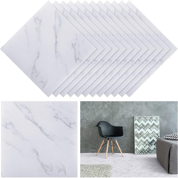 48 Pieces Peel and Stick Floor Tiles Vinyl Flooring 12 x 12 Inch Stick on Floor Tile Self Adhesive Waterproof DIY for Bathroom Kitchen Bedroom Living Room(White Marble)