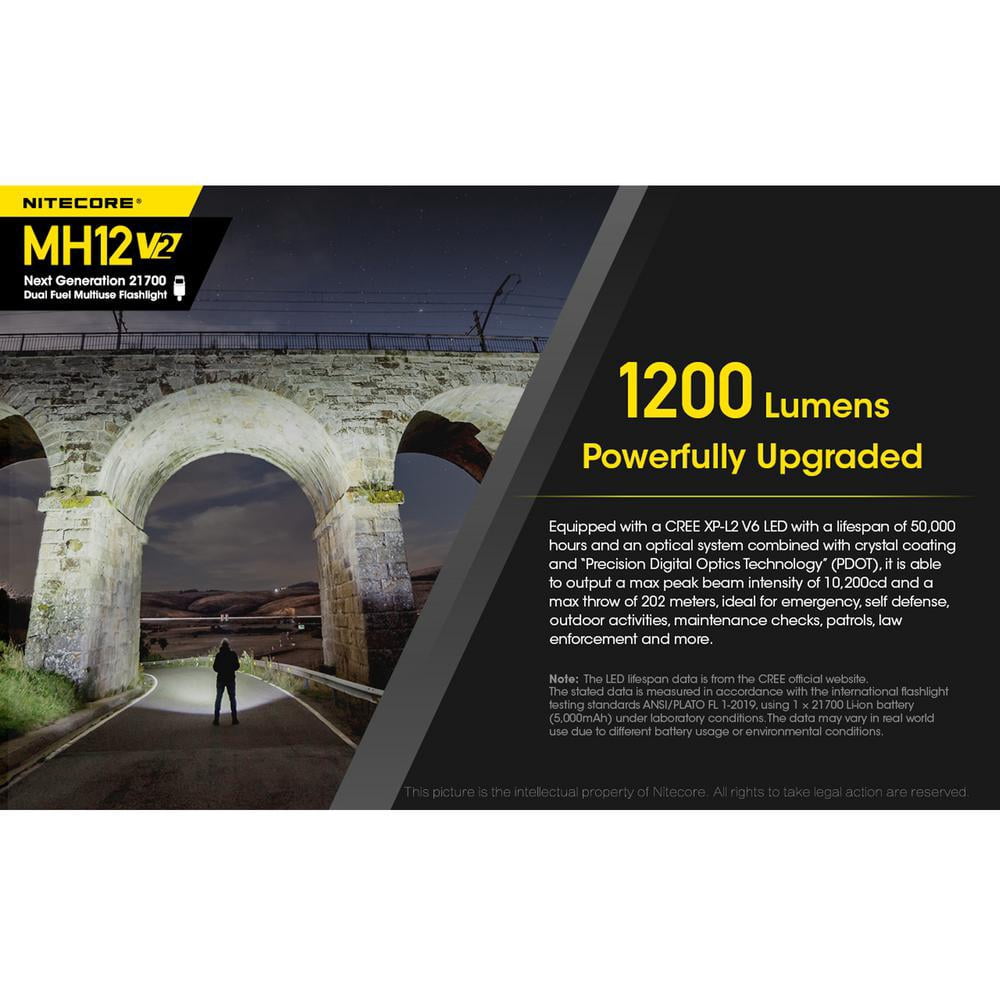 Nitecore MH12 v2 CREE XP-L2 V6 LED USB-C Rechargeable Flashlight w/5000mAh Battery, 21700, White, 1200 Lumens, Black, 6952506405985