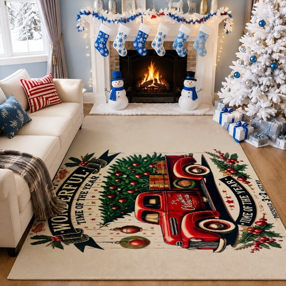 Gelasgo Christmas Truck Tree Velvet Area Rug, Winter Holiday Pattern Rectangle Floor Carpet, Soft Plush Non Slip Rug for Home Decor 78.7"×55.1"
