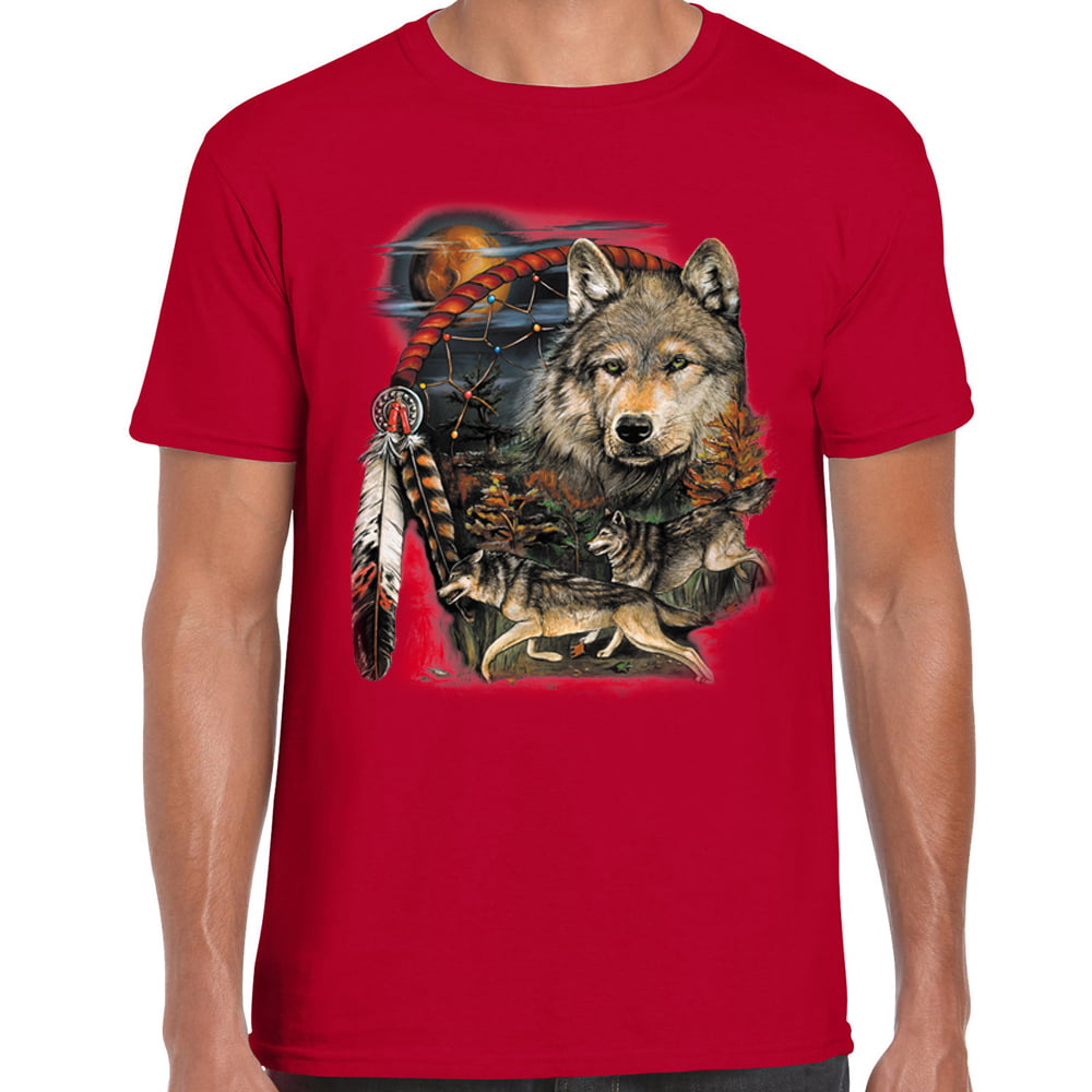 Native American Animal Feathers Wolves Brown T-Shirt Mountain Cotton Sizes S-3X 