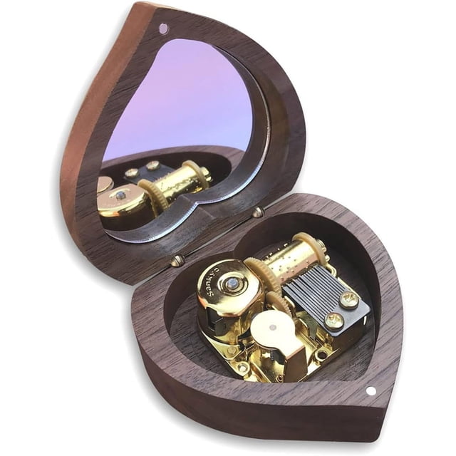 BinkeGG Play (Row Row Row Your Boat) Walnut Wooden Heart Shape Music Box with Sankyo Musical Movement (65 Tunes Option)