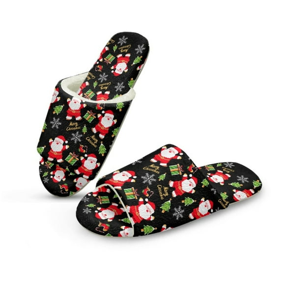 COEQINE Santa Claus Black Womens Fuzzy Slippers House Shoes Open Toe Indoor Slippers Soft Lightweight Quiet Fluffy Christmas Slides Machine Washable Footwear for Ladies Her Mom, 36-37