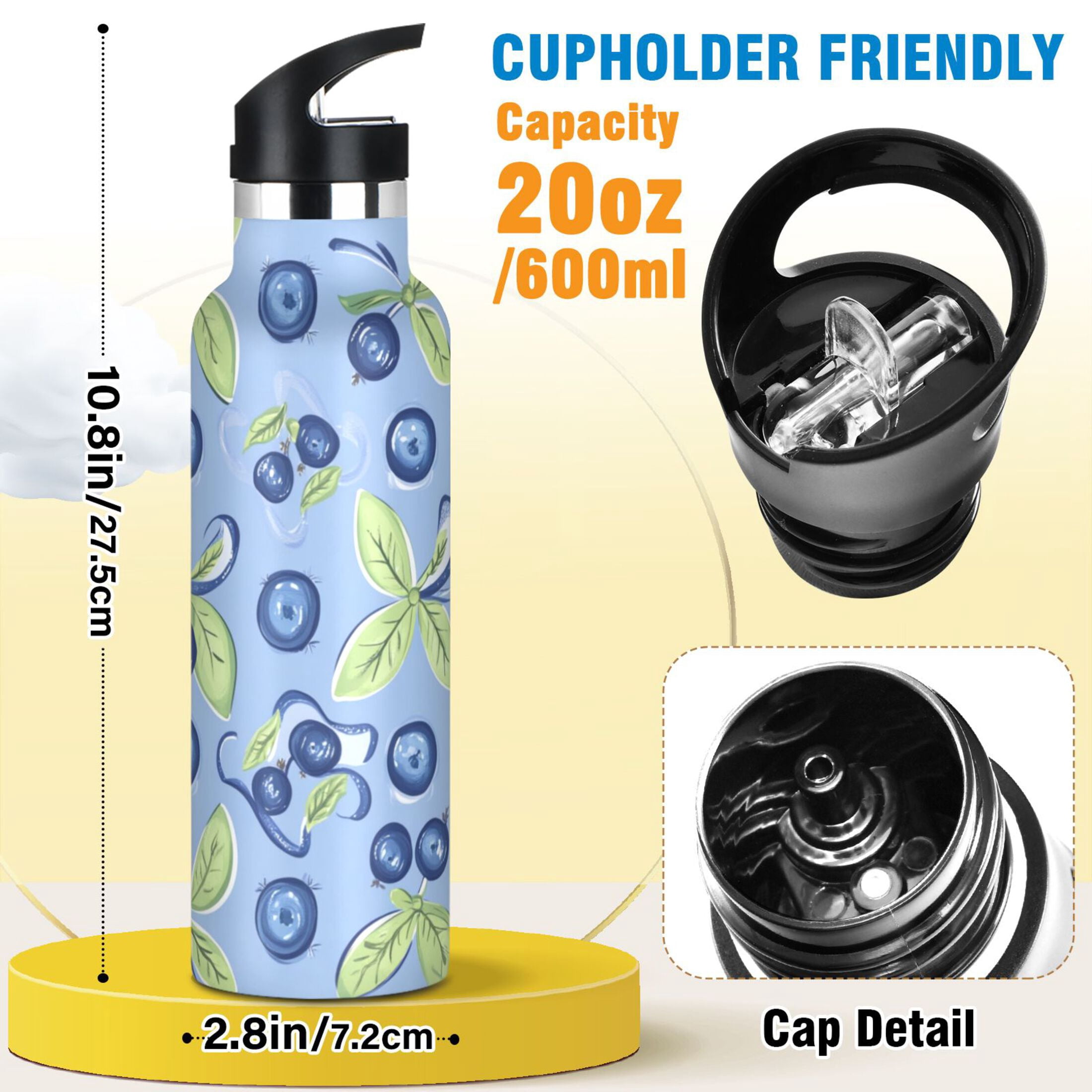 Kids Insulated Stainless Steel Sports Water Bottle 600ml (20oz) Blueberry and Ribbon