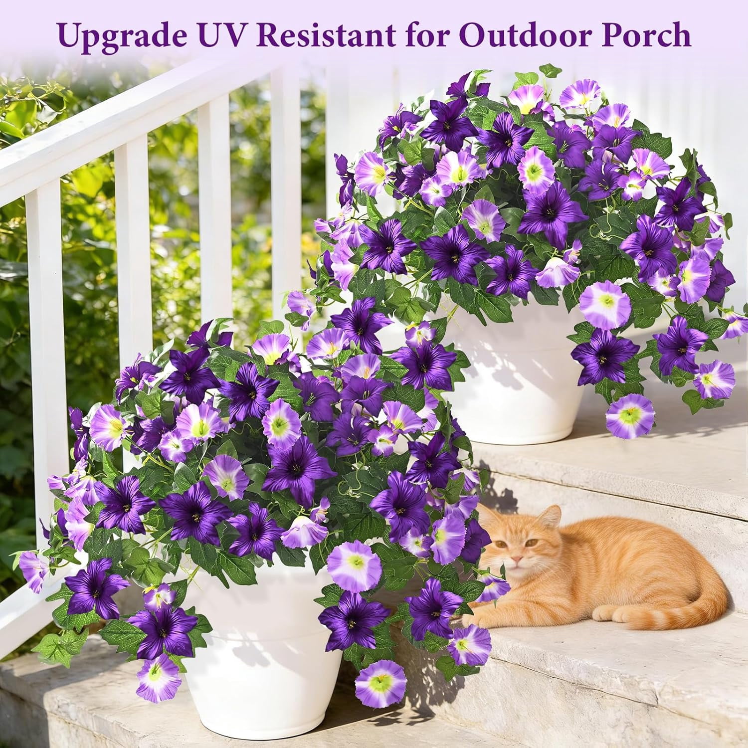 Yastouay Artificial Flowers for Outdoors, 2PCS Artificial Petunias UV Resistant Fake Outdoor Flowers, Realistic Faux Flowers Fake Silk Petunias for Outside Garden Porch Patio Yard Decor, Purple