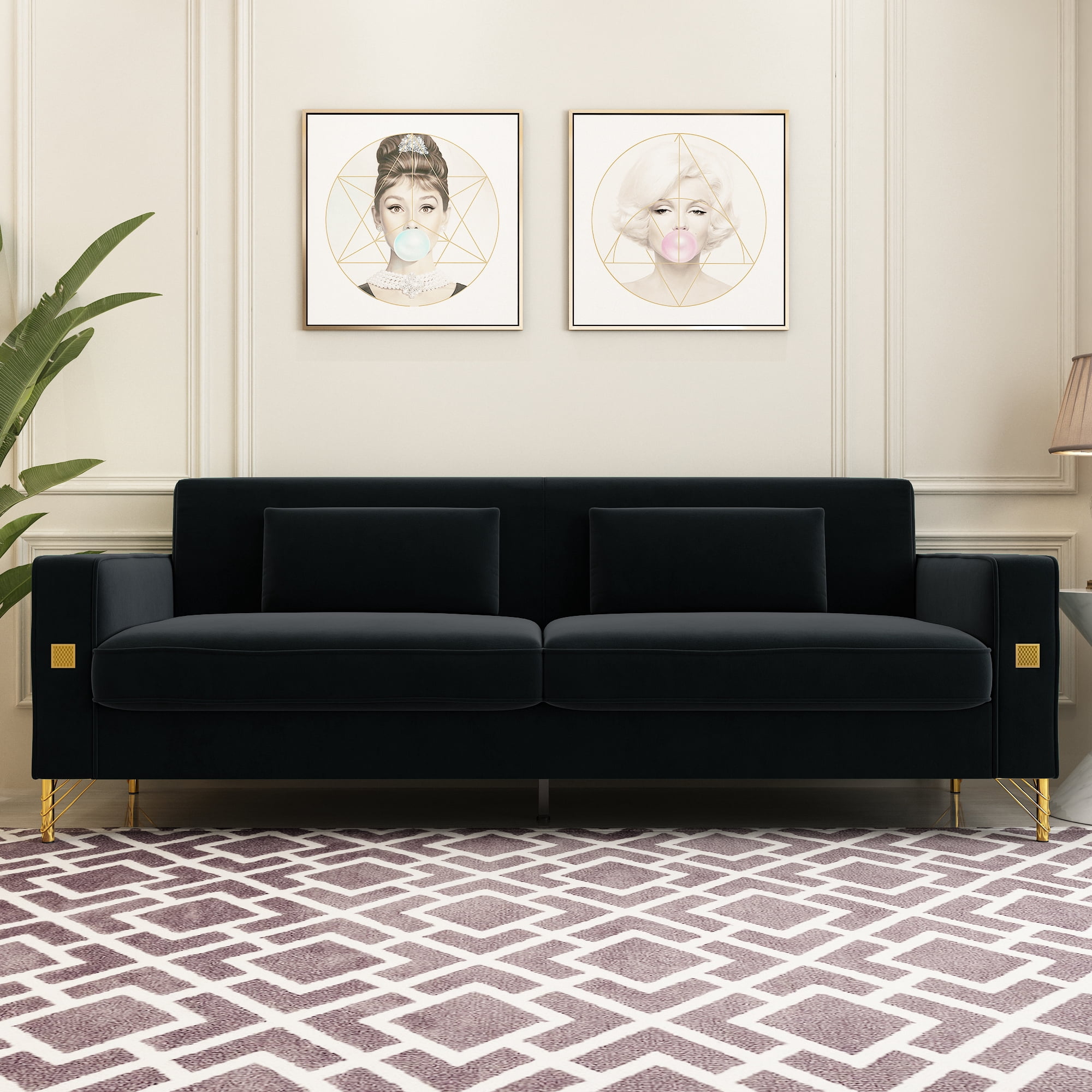 Modern Velvet Upholstered Sofa Couch with Pillows Removable Cushions and Gold Metal Legs for Living Room Office Apartment