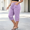 thumbnail image 2 of Ruimatai Womens Capri Cropped Pants Drawstring Elastic Waist Pocket Button Detail Plus Size Casual Vacation Trousers, 2 of 7