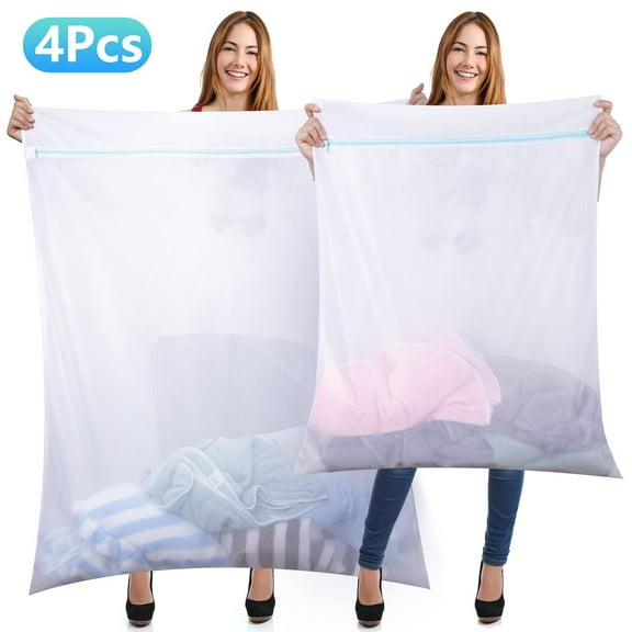 4 Pieces Jumbo Mesh Laundry Bags, 43 x 35 and 24 x 32 Inches Large Mesh Wash Bags Zippered Garment Bag for Washing Machine Garment Dirty Clothes Washer Dryer Net Protector