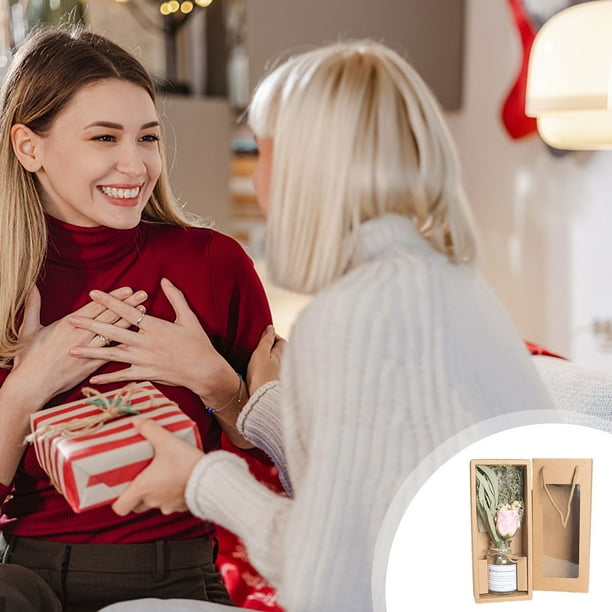 Ramo de flores secas naturales en caja de regalo | Jarrón decorativo de flores de jabón | Arreglo de papel kraft rojo y rosa | Regalo para San Valentín o Día de la Madre | Decoración para el hogar y