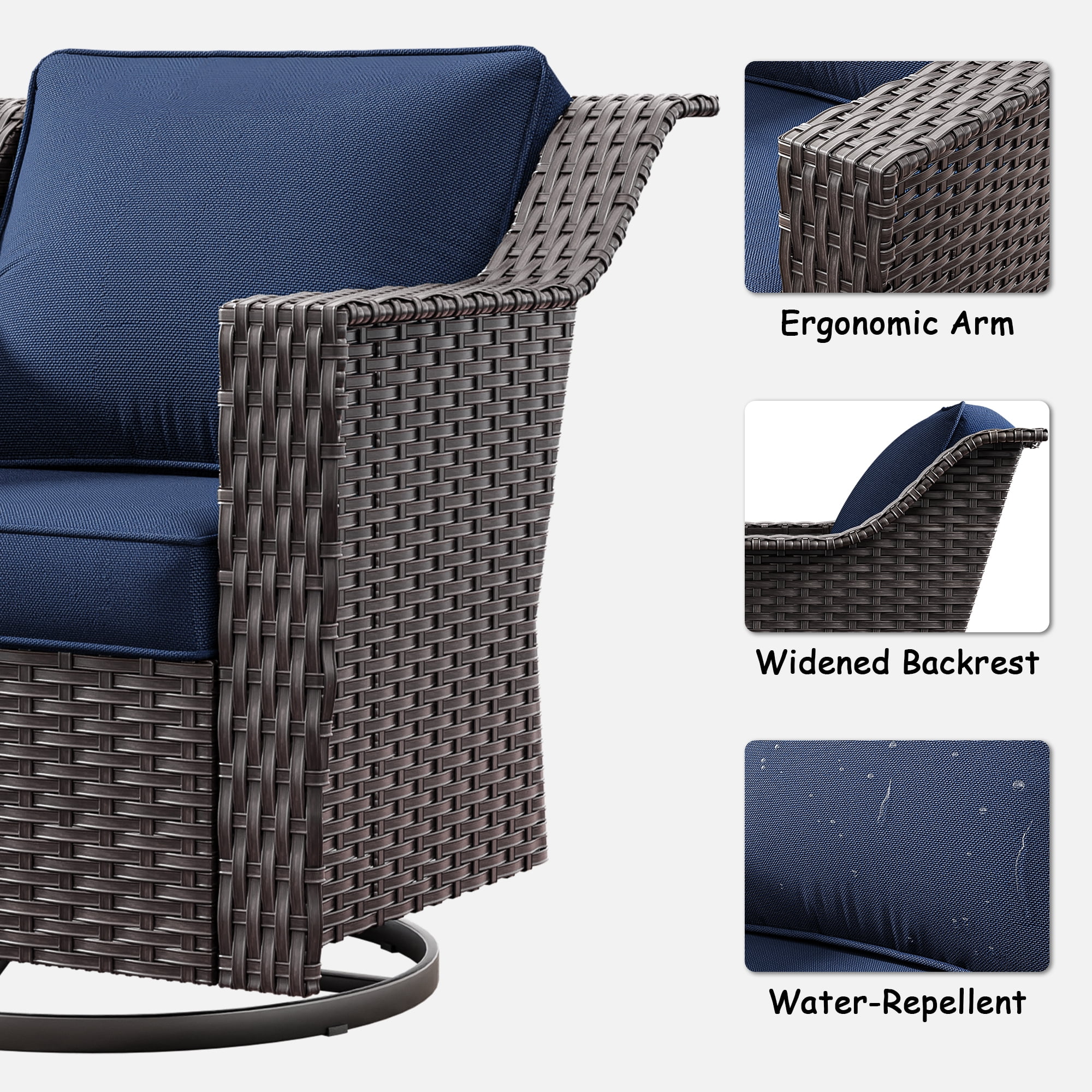 MeetLeisure Patio 2 Pieces Wicker Swivel Chairs Set, Outdoor PE Rattan Rocking Glider Armchairs with Water-Resistant Cushions & Washable Covers for Porch Balcony Sunroom, Dark Blue