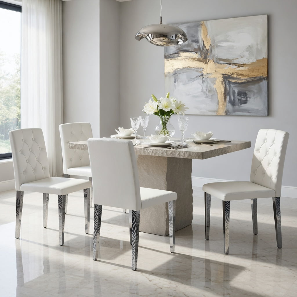 Hommoo 4-Pack PU Dining Chairs with Ergonomic Buckle Backrest, 35 in Height, Metal Legs, Modern Comfort Seating for Dining Room, Restaurant & Hotel Banquet Hall, White & Sliver