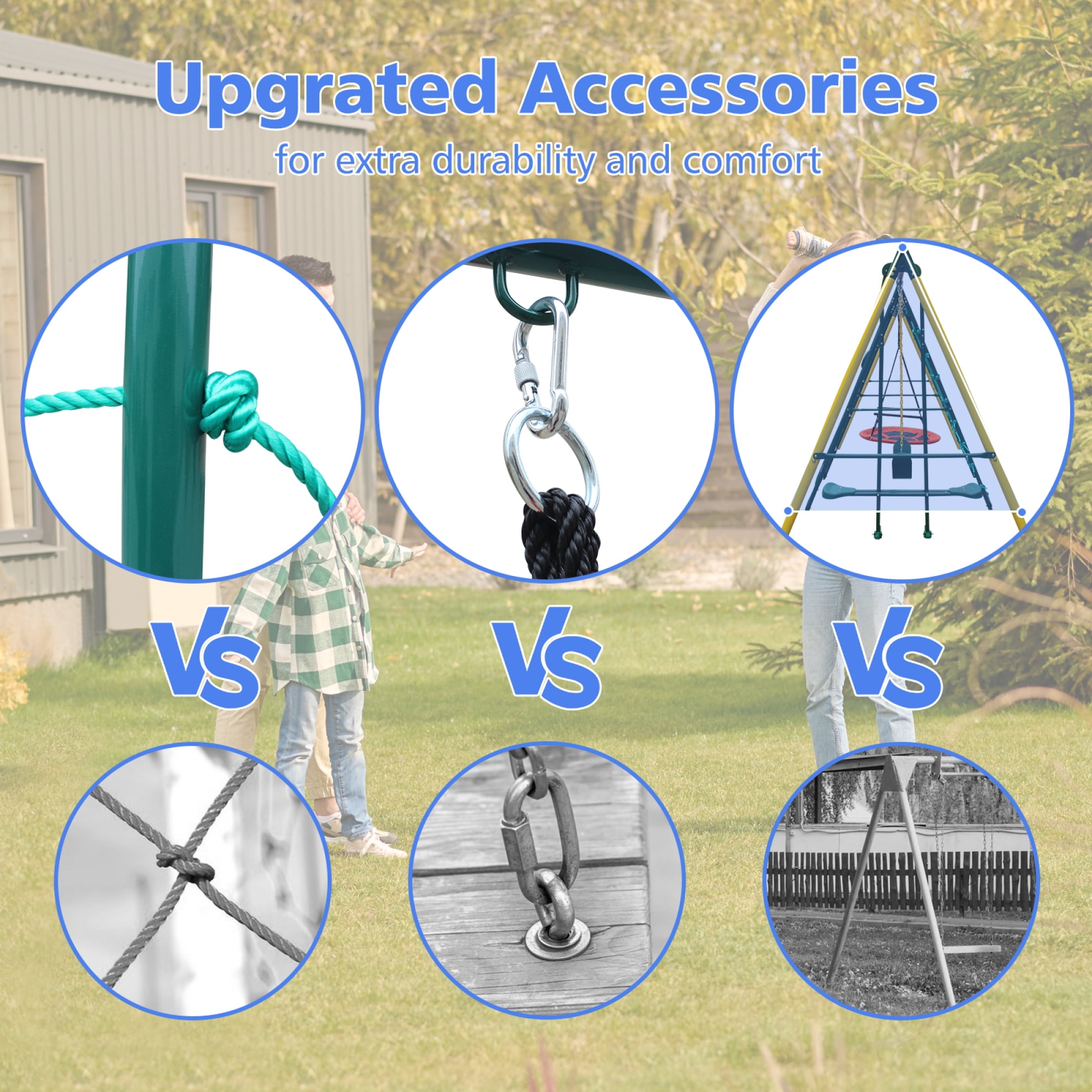 6 in 1 Swing Set for Outside, Heavy Duty A-Frame Metal Swing Set with Glider, Basketball Hoop, Climbing Frame, Climbing Net, Hammock Swing and Belt Swing for Backyard Playground Set