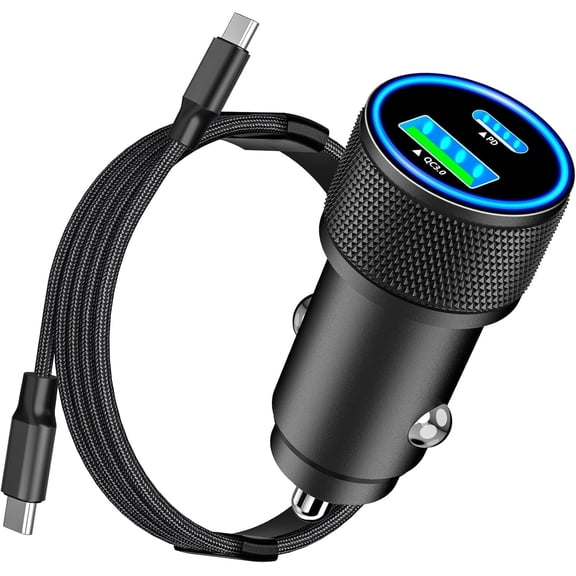 Car Charger Fast Charging,3-Port 67W PD/QC Car Power Adapter USB-C Charger Cigarette Type-C Braided Cord compatible with iPhone 17/17 Pro/16 Pro/15/Galaxy/Pixel