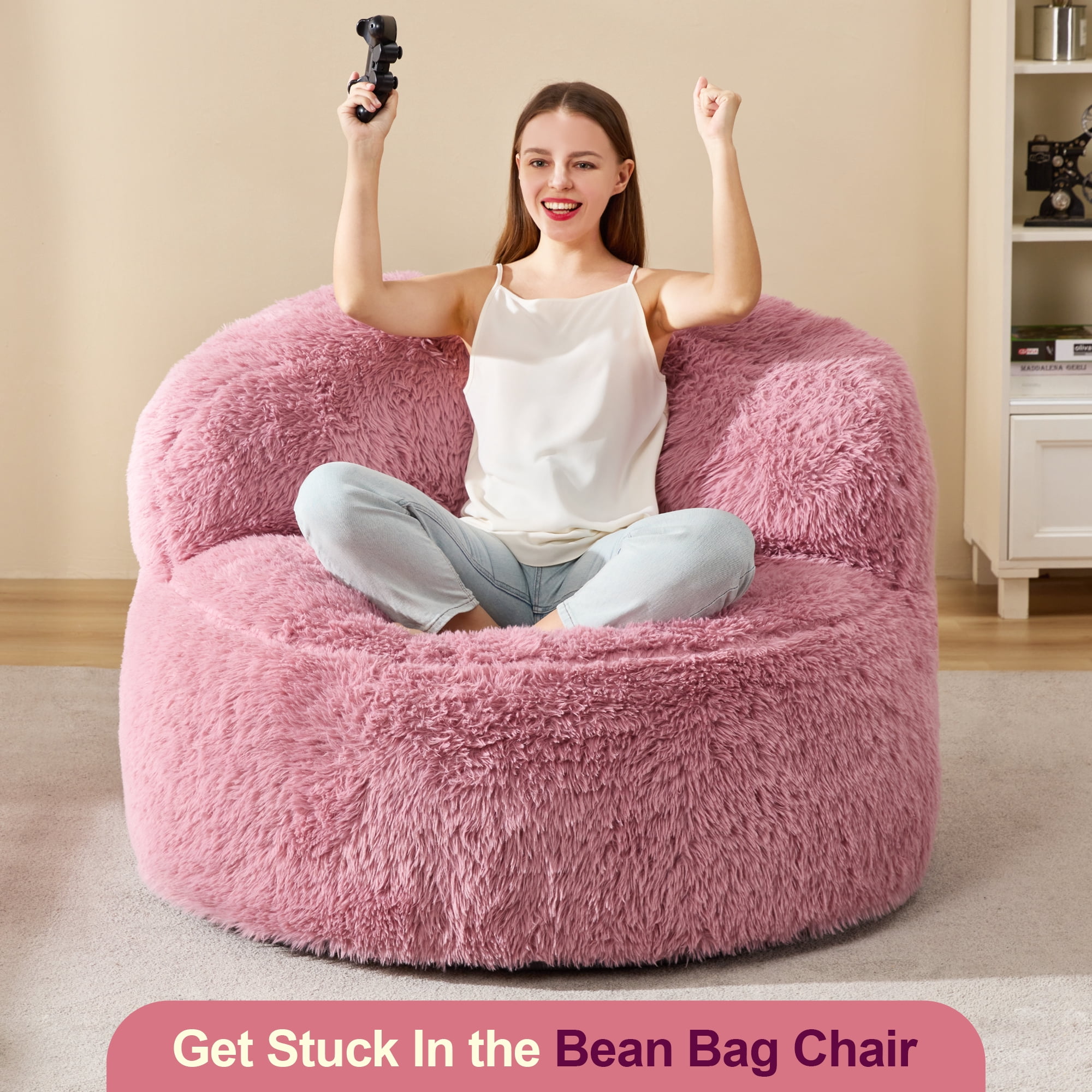 Hobestluk Giant Bean Bag Chairs for Adults Big Bean Bag Chair with Foam Filler Large Beanbags with Stuffed Back Lazy Sofa, Pink-Oversize
