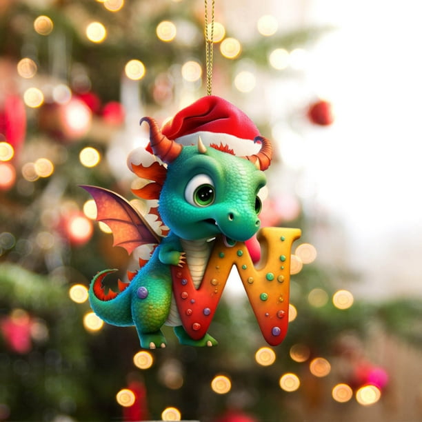 Colgante navideño de dinosaurio con 26 letras, acrílico, plano, para árbol de Navidad, decoración del hogar