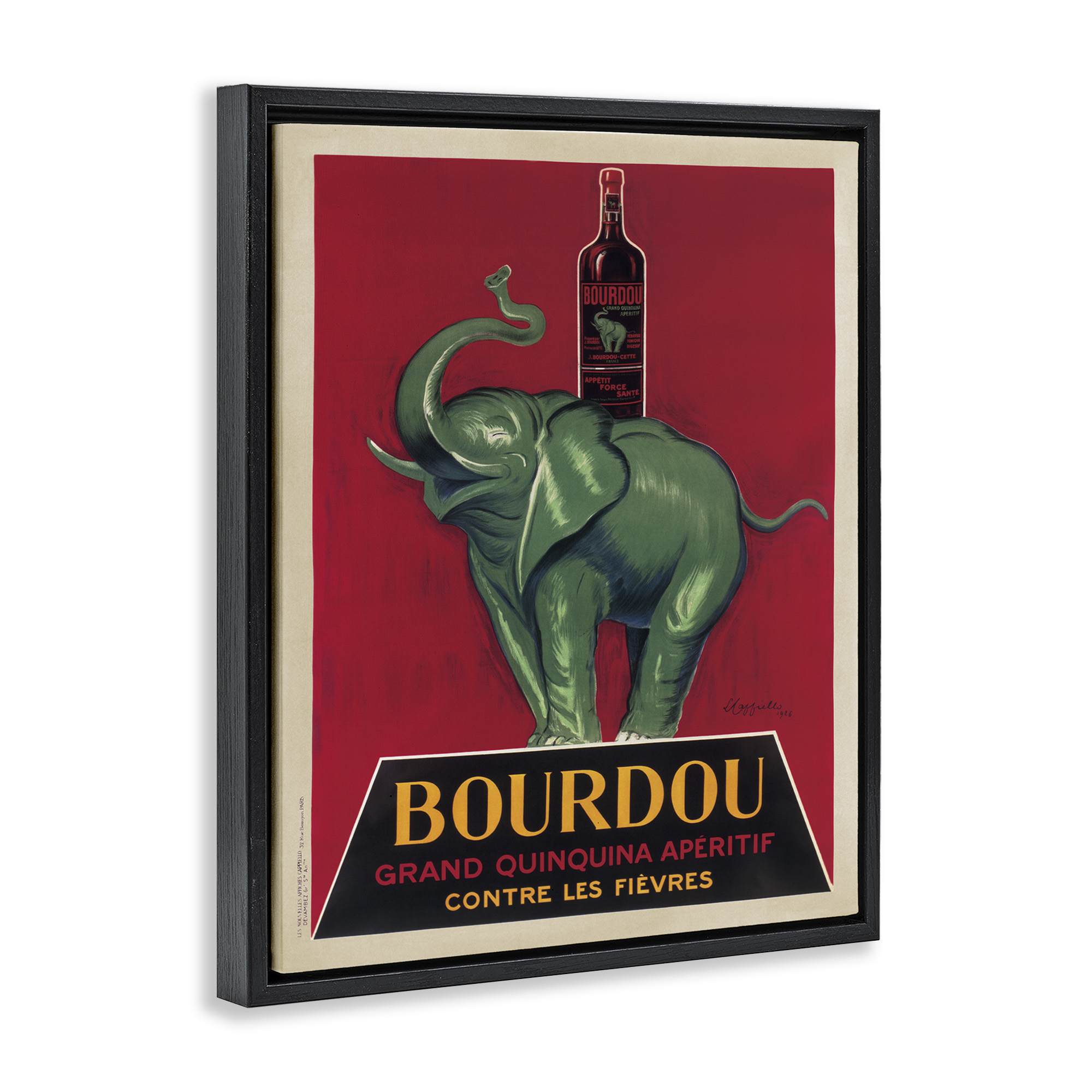 Stupell Industries Bourdou Vintage Elephant Advertisement Food & Beverage Painting Black Floater Framed Canvas Art Print Wall Art, 17 x 21