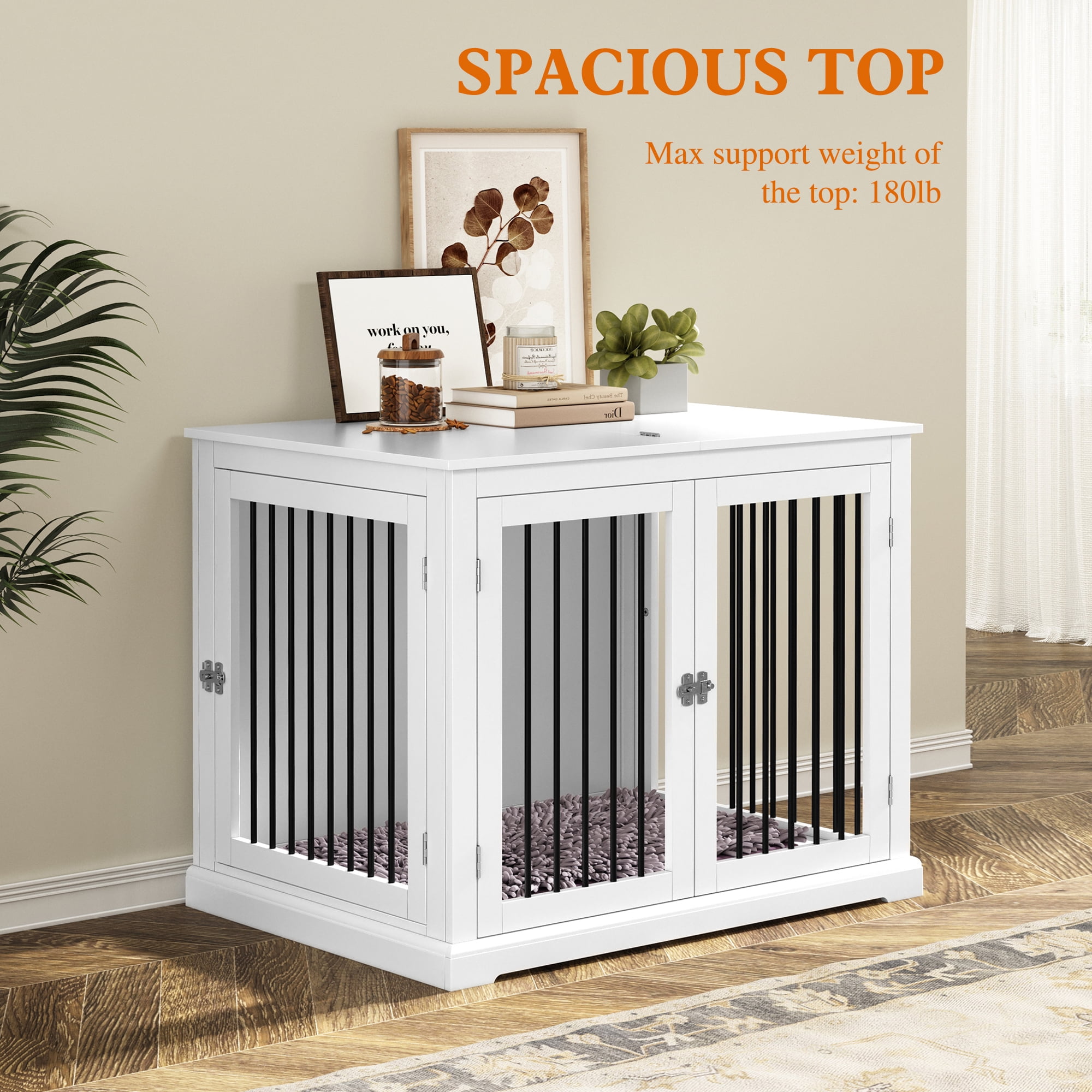 HLR 39 Inch Wooden Heavy Duty Dog Crate  for Indoor and Outdoor, Decorative Pet House End Table, Large Dog Kennel , White