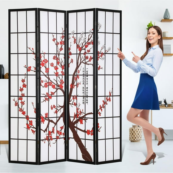 Room Divider 4 Panel Folding Privacy Screen 6Ft Room Partition Shoji Wall Divider Screen Portable Wood Divider for Office, Bedroom, Restaurant, Freestanding