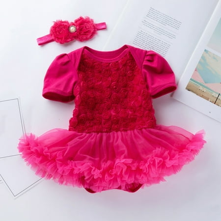 Bnwani Dresses for Girls Toddler Girl Short Sleeve Princess Dress Flowers Skirt Suits Party Hot Pink Skirt Suits 3-6 M